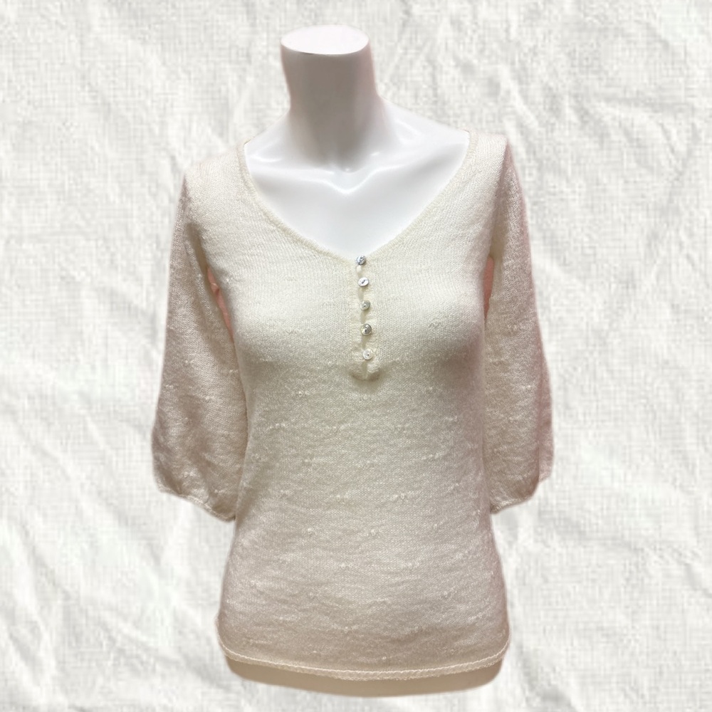 Cream V-Neck Sweater Mohair Romantic Coquette XS